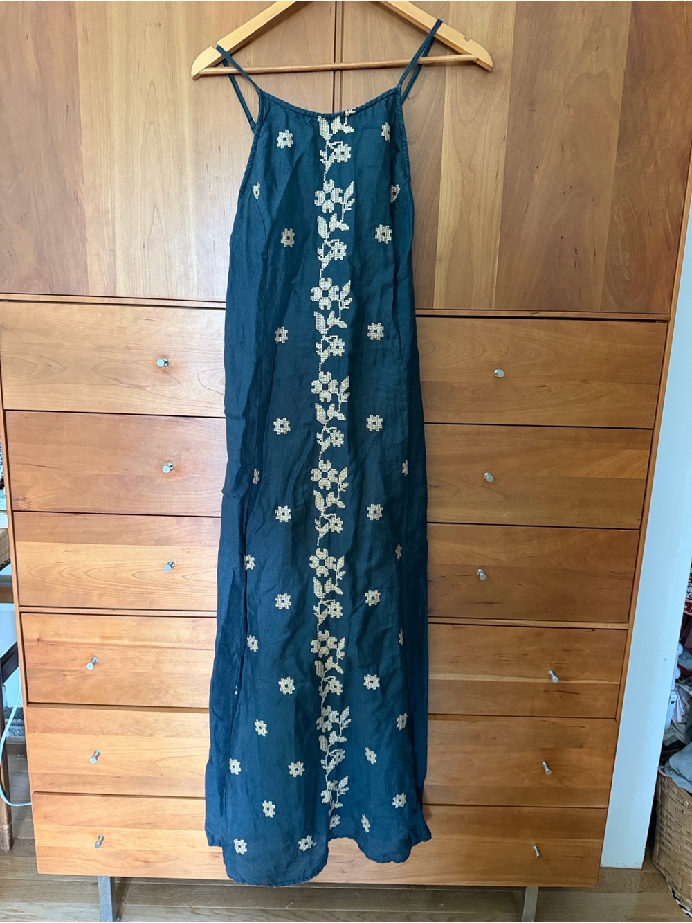 Sleeveless Navy Maxi Dress with Cream Floral Embroidery